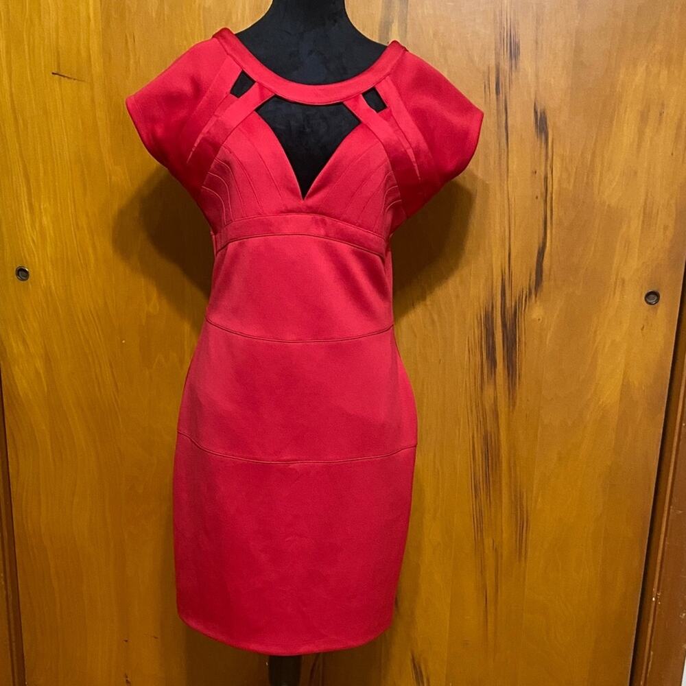 Red Mini Dress Cut Out Sweetheart Neckline Party Date Club Satin Silver Zipper